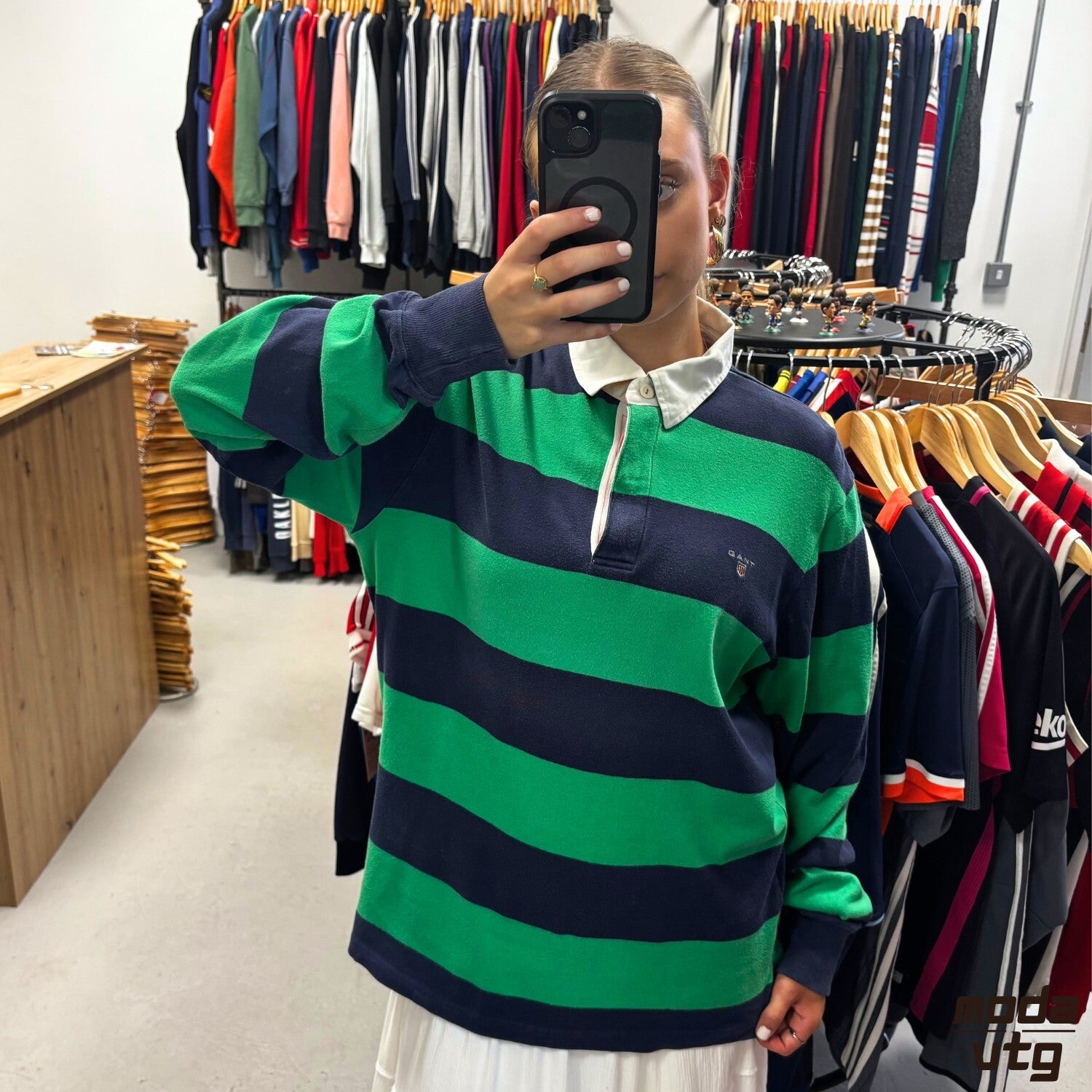 Vintage Y2K GANT Rugby Polo Green Navy Large Retro Unisex Striped