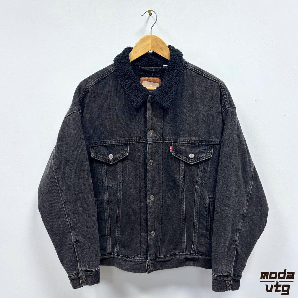 Levis Sherpa Denim Jacket Black Medium Trucker Vintage Y2K Borg Lined Workwear