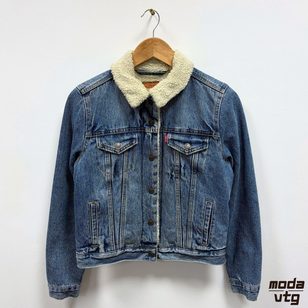 Levis Sherpa Denim Jacket Blue Womens XS Trucker Vintage Lined Workwear Retro