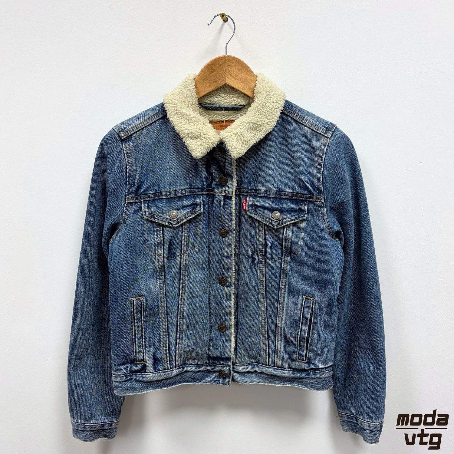 Levis Sherpa Denim Jacket Blue Womens XS Trucker Vintage Lined Workwear Retro