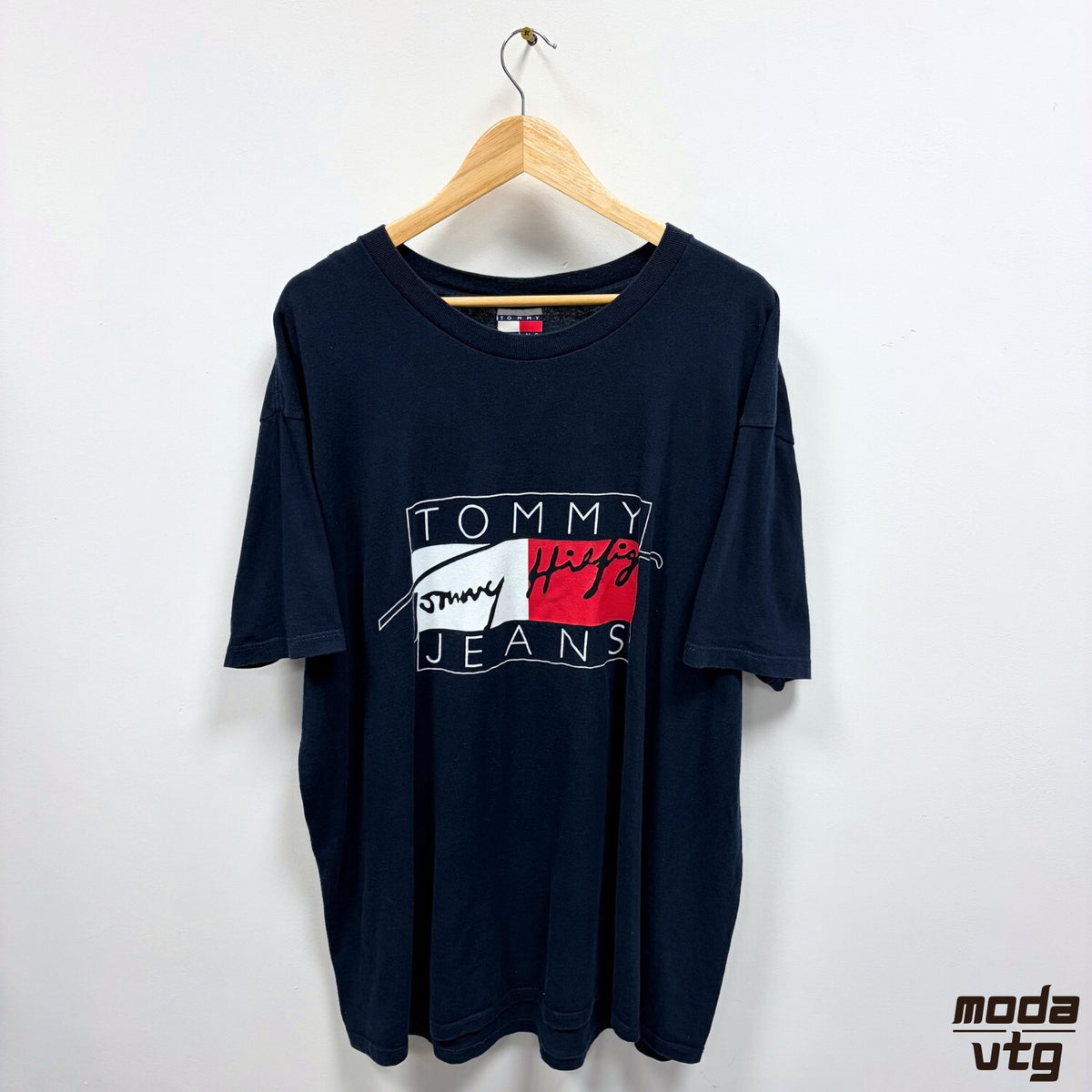 Tommy Hilfiger T Shirt Navy XL Made In USA Vintage 90s Spell Out Cotton Retro