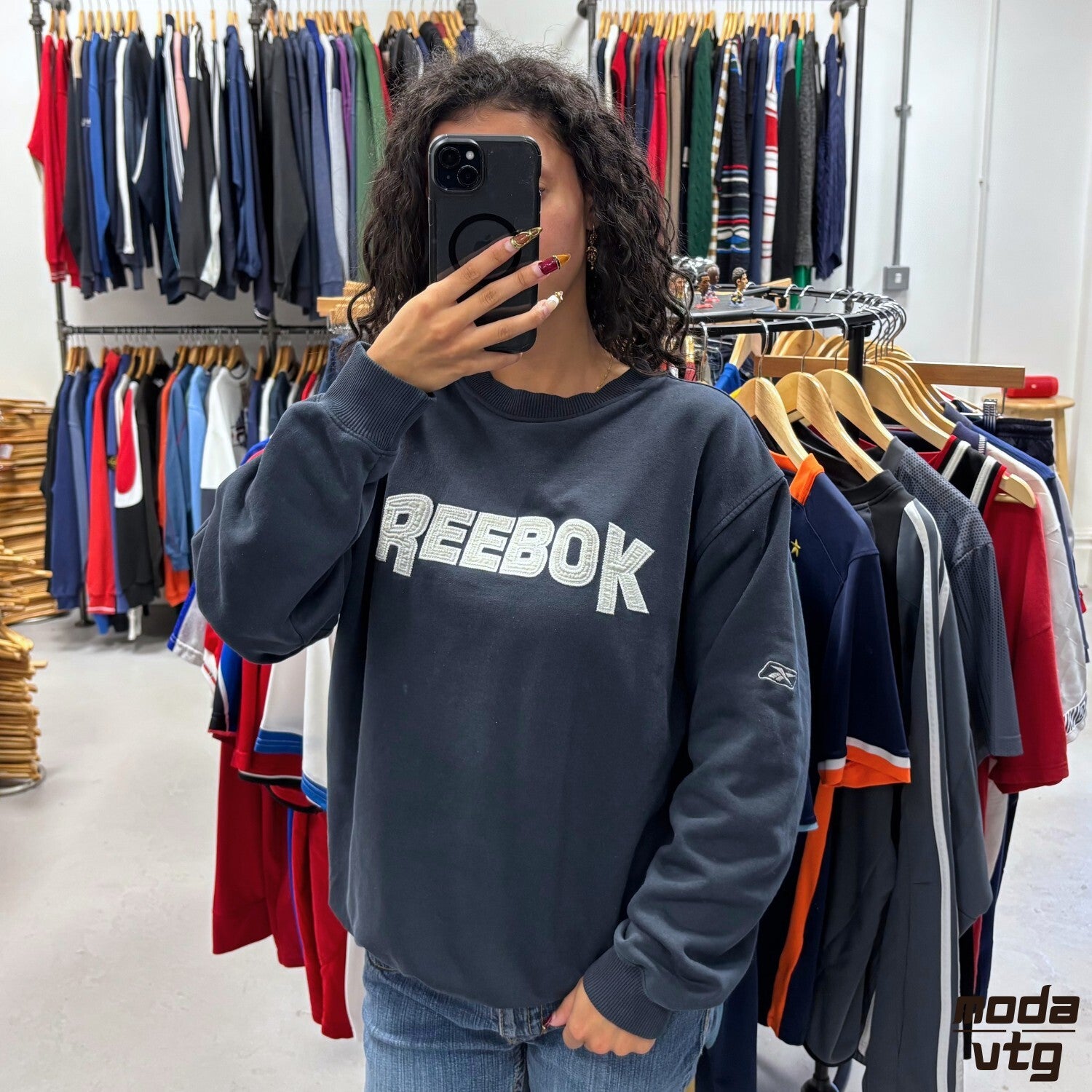 Vintage Y2K Reebok Sweatshirt Navy Small Retro Unisex
