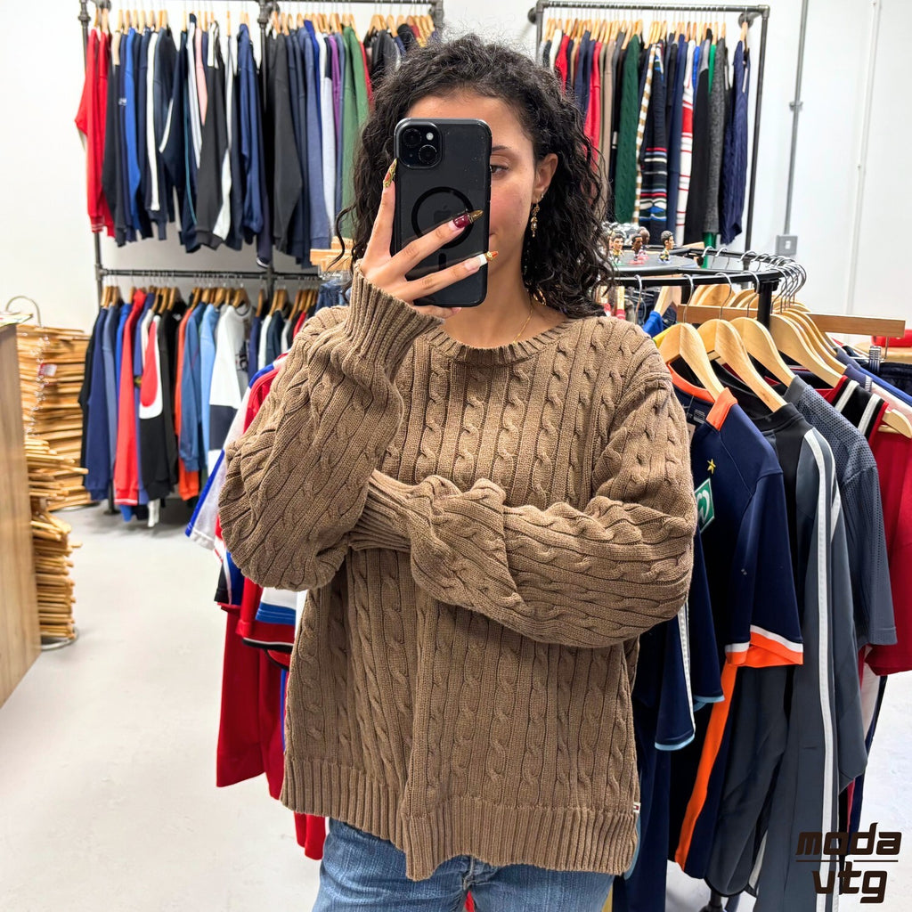 Vintage Y2K Tommy Hilfiger Knitted Jumper Brown Small Retro Unisex Cable