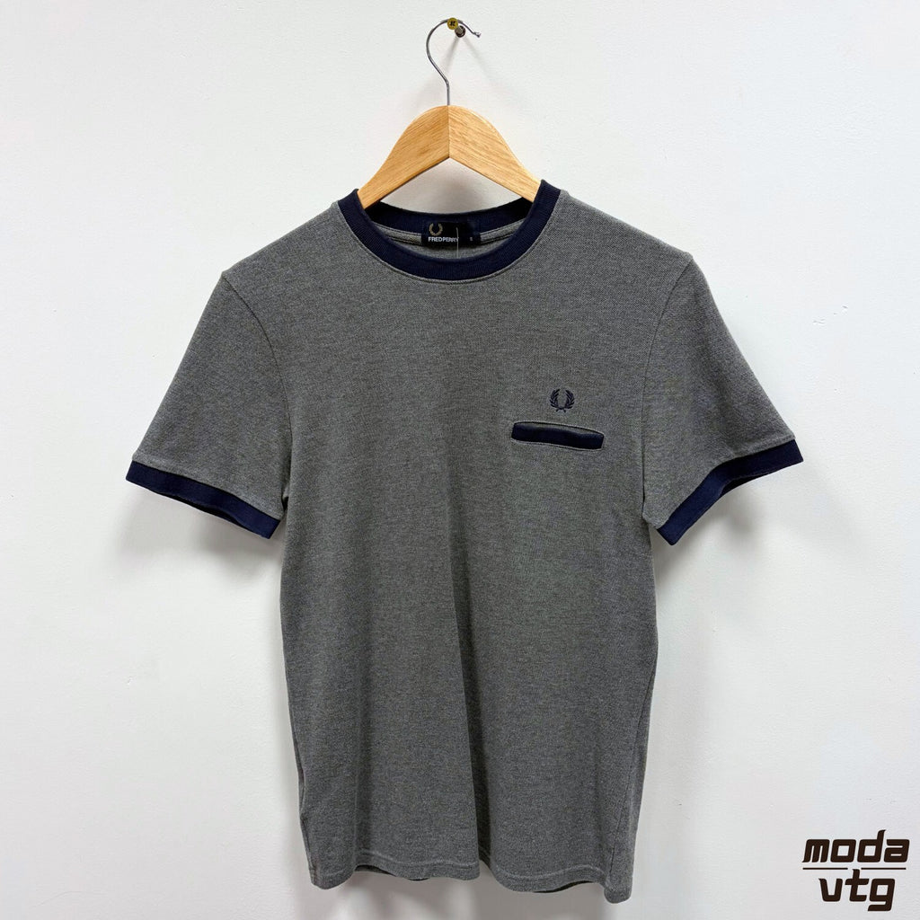 Fred Perry T-Shirt Grey Navy Small Pocket Vintage Y2K Mod Terrace Casuals Retro