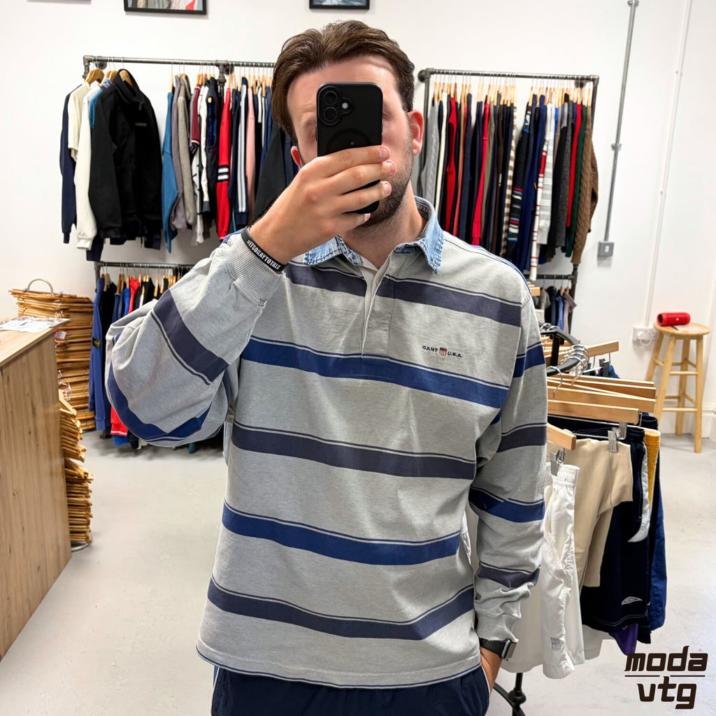 Vintage Y2K GANT Rugby Polo Grey XL Retro Striped