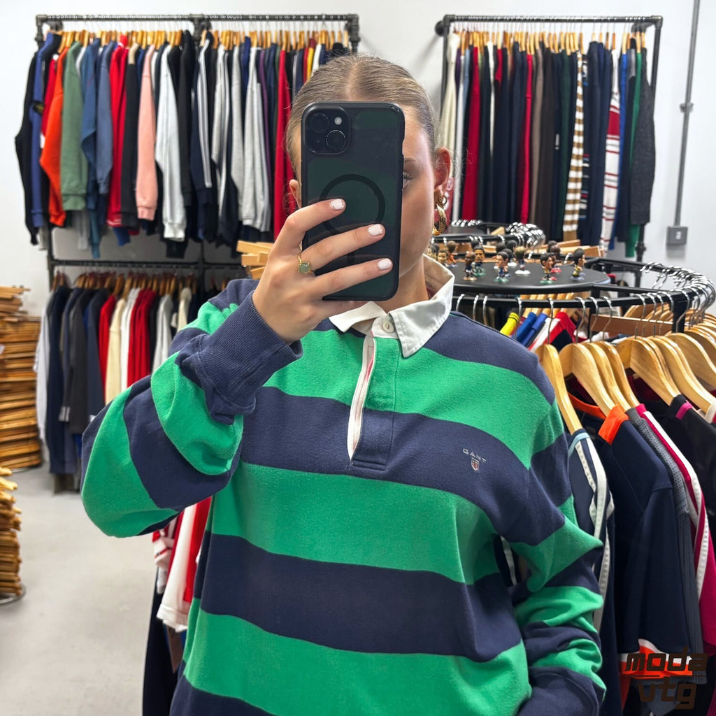 Vintage Y2K GANT Rugby Polo Green Navy Large Retro Unisex Striped