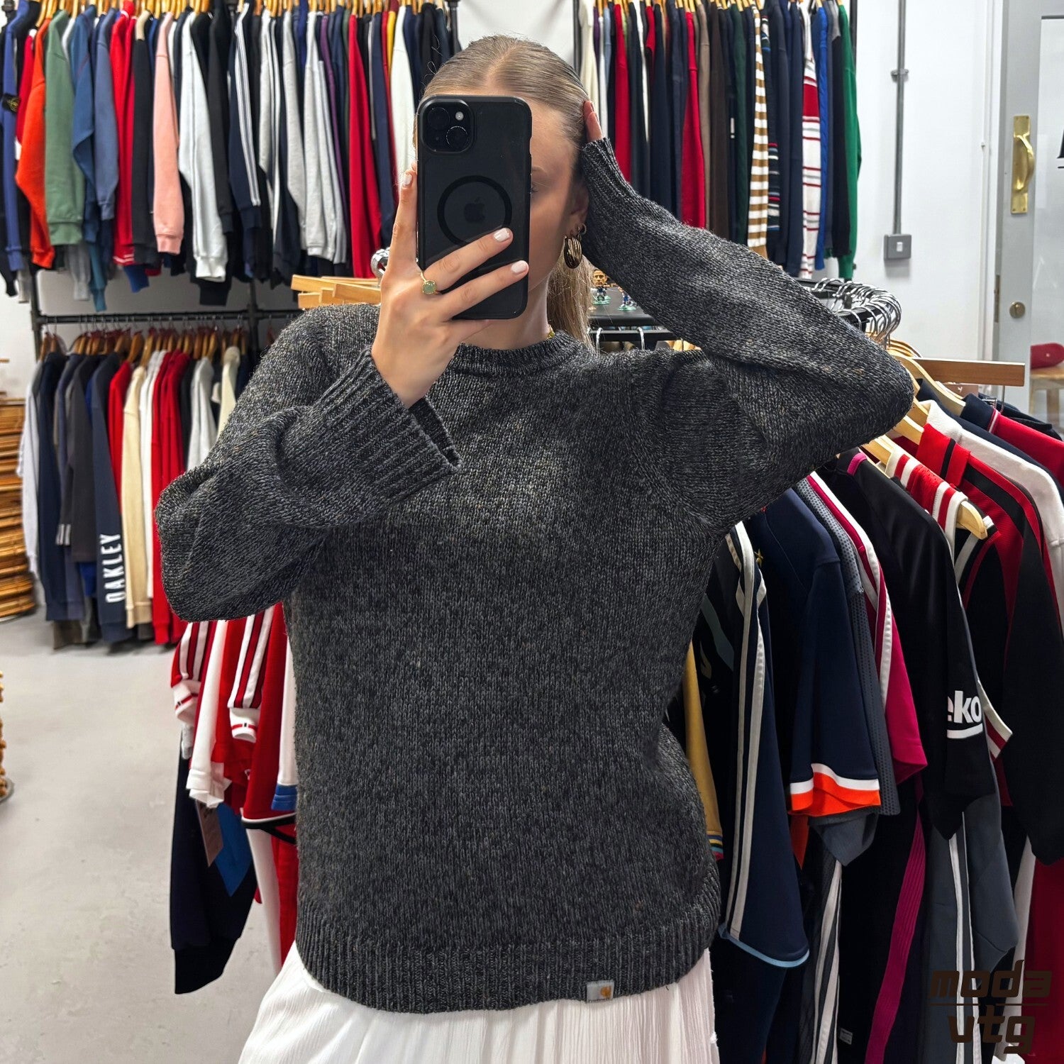 Vintage Y2K Carhartt Knitted Jumper Grey Medium Retro Unisex