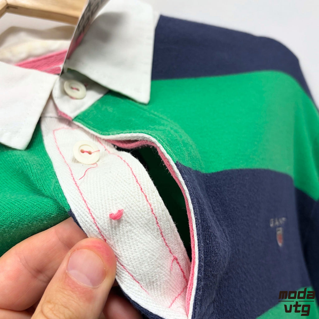 Vintage Y2K GANT Rugby Polo Green Navy Large Retro Unisex Striped