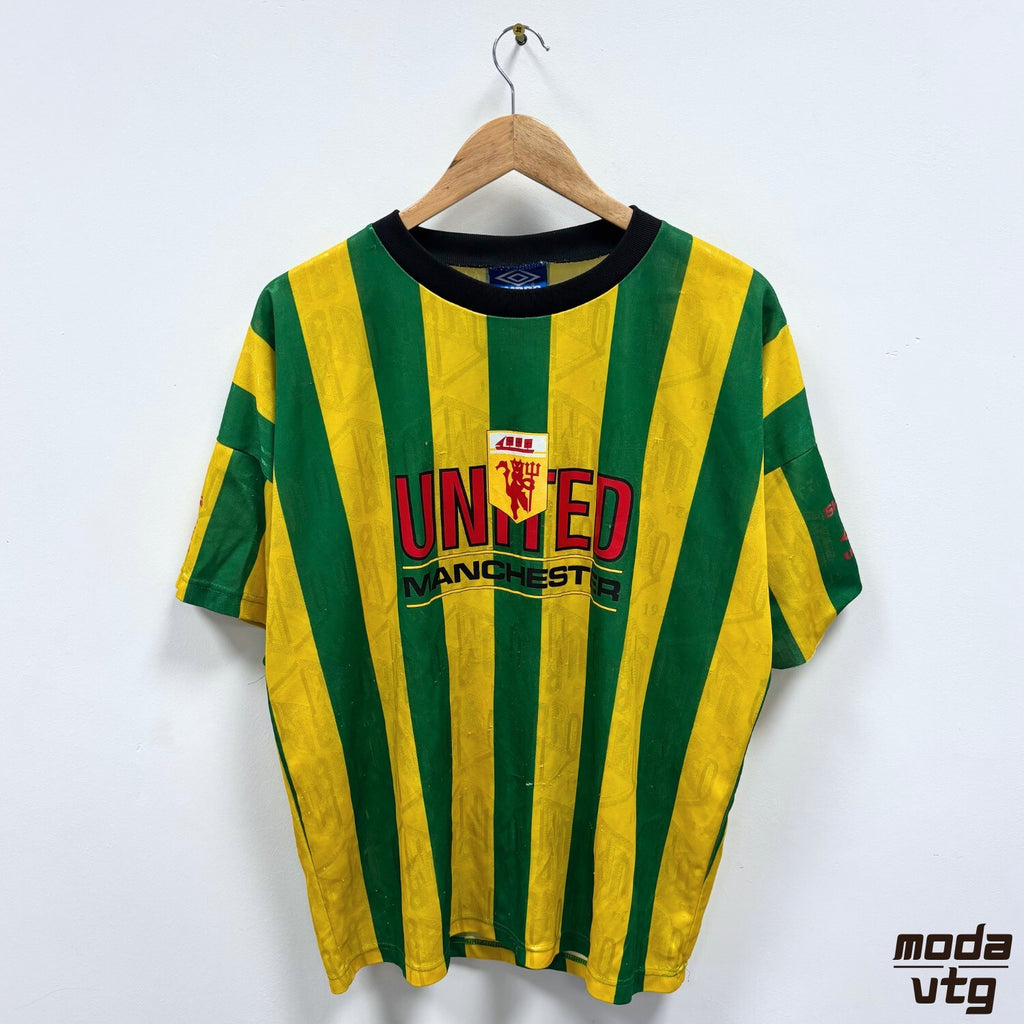 Manchester United Umbro Training Shirt Yellow Green Large Vintage 1992 93 Retro