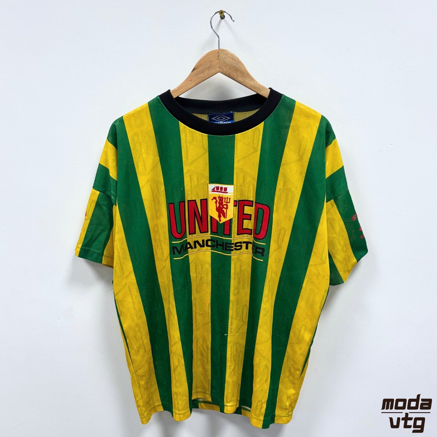 Manchester United Umbro Training Shirt Yellow Green Large Vintage 1992 93 Retro