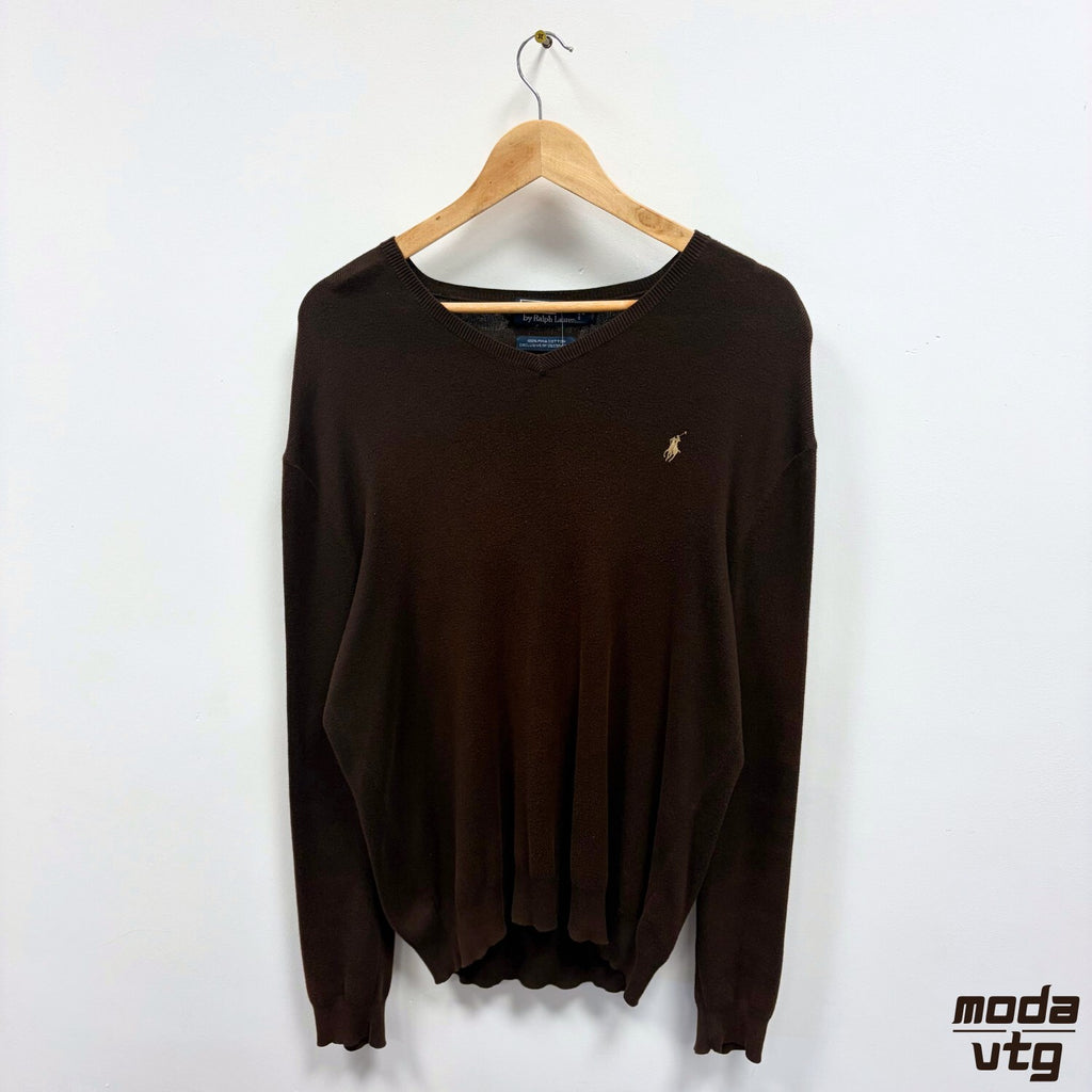Ralph Lauren Jumper Brown Medium V Neck Vintage 90s Pima Cotton Knit Preppy