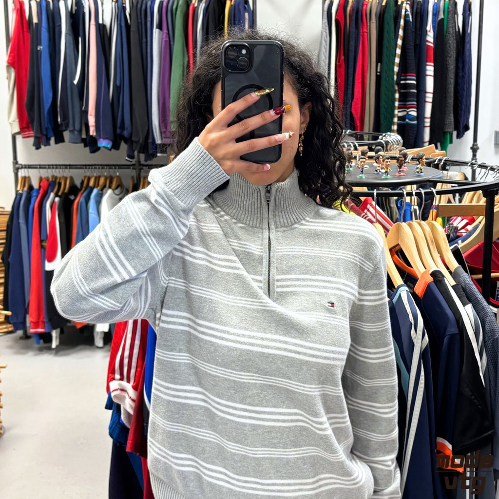 Vintage Y2K Tommy Hilfiger Knitted Jumper Grey Small  Unisex Retro Quarter Zip