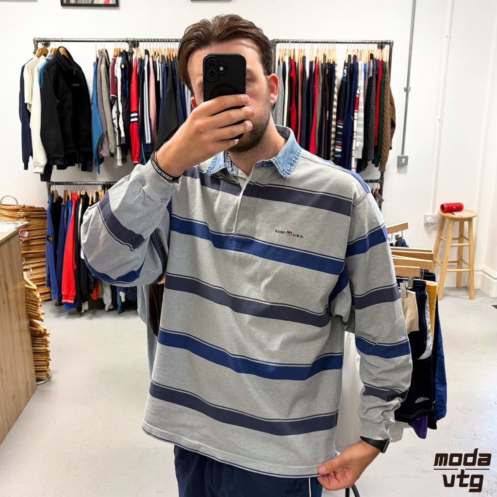 Vintage Y2K GANT Rugby Polo Grey XL Retro Striped