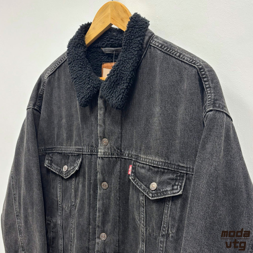Levis Sherpa Denim Jacket Black Medium Trucker Vintage Y2K Borg Lined Workwear