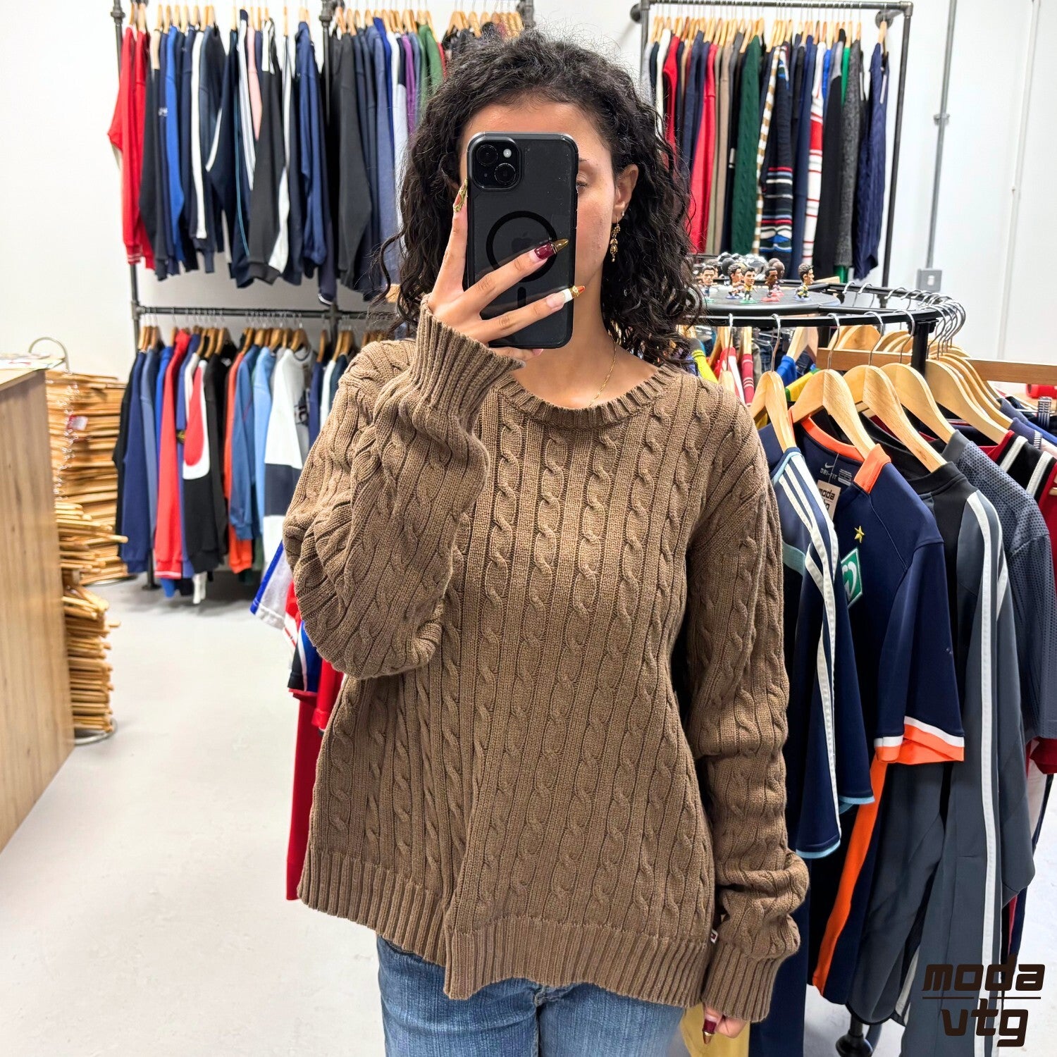 Vintage Y2K Tommy Hilfiger Knitted Jumper Brown Small Retro Unisex Cable