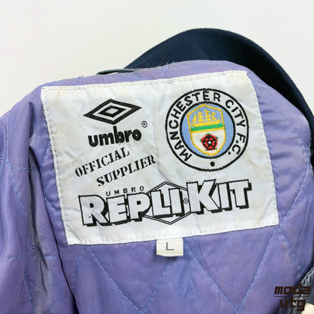 Vintage 1990/92 Manchester City Bomber Jacket Blue Large Retro Umbro Unisex
