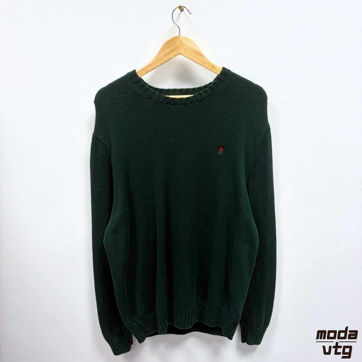 Ralph Lauren Knitted Jumper Green XL Chunky Knit Vintage Y2K Preppy Crewneck
