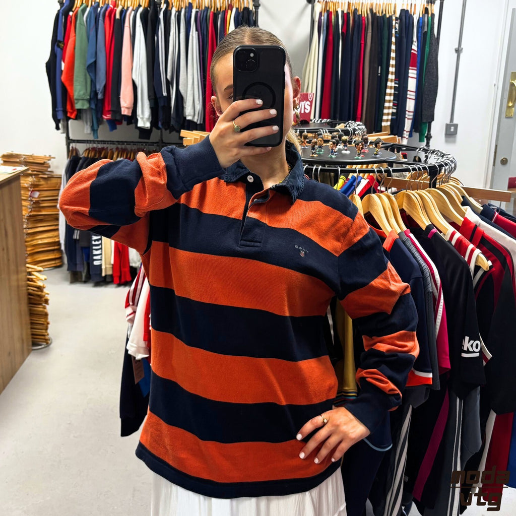 Vintage Y2K GANT Rugby Polo Navy Large Retro Unisex Striped