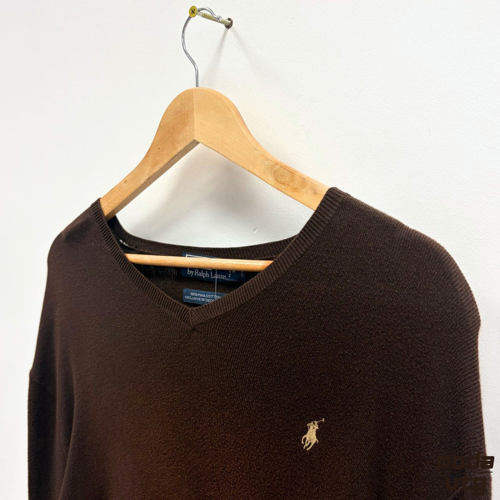 Ralph Lauren Jumper Brown Medium V Neck Vintage 90s Pima Cotton Knit Preppy