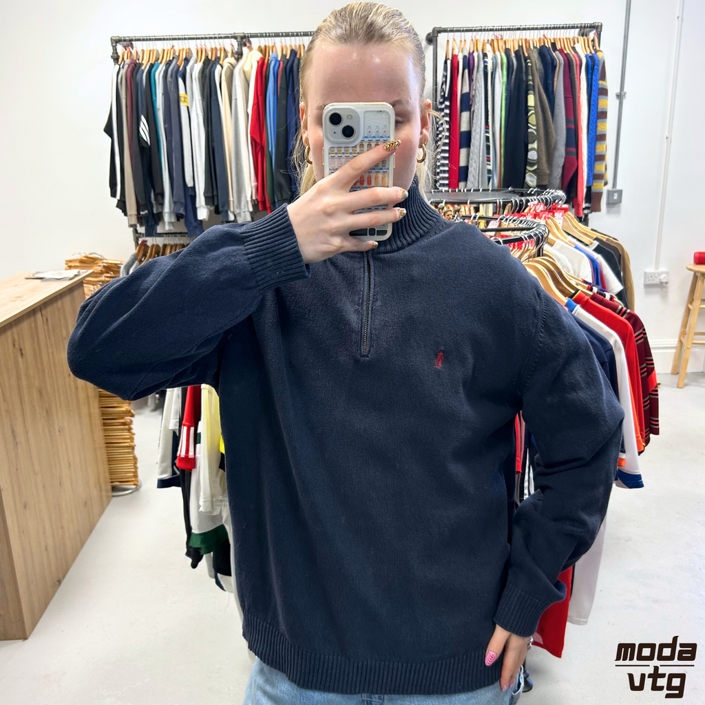 Vintage 90s Marlboro Knitted Jumper Navy Large Retro Unisex Quarter Zip