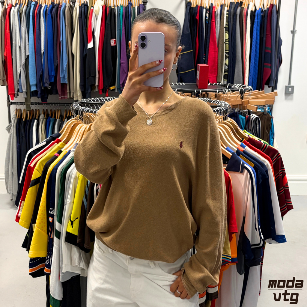 Vintage Y2K Ralph Lauren Knitted Jumper Brown Large Unisex Retro V-Neck Pima