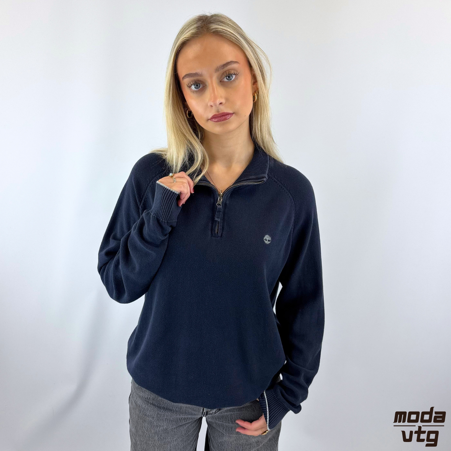 Vintage Y2K Timberland Knitted Jumper Navy Medium Quarter Zip