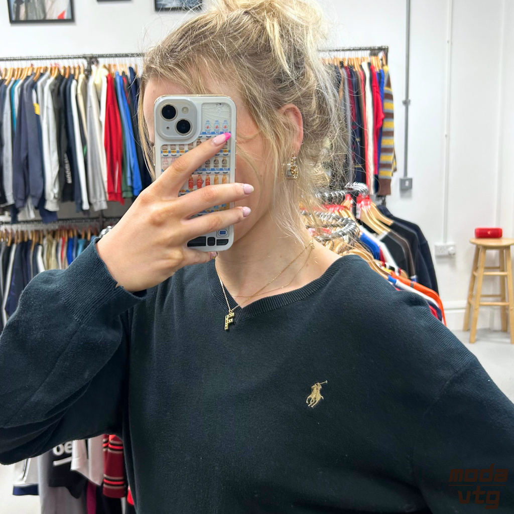 Vintage Y2K Ralph Lauren Knitted Jumper Black Medium Unisex Retro V-Neck Pima Co