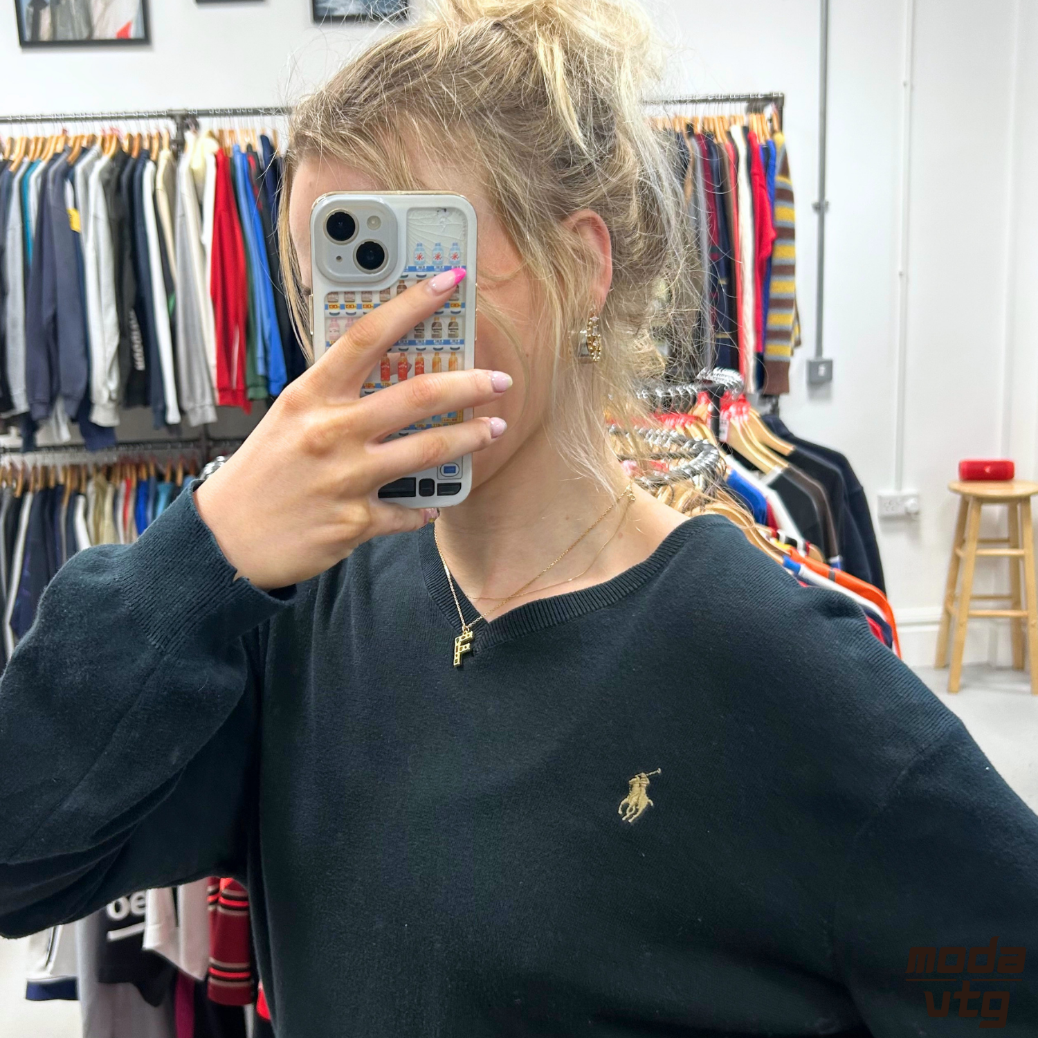 Vintage Y2K Ralph Lauren Knitted Jumper Black Medium Unisex Retro V-Neck Pima Co