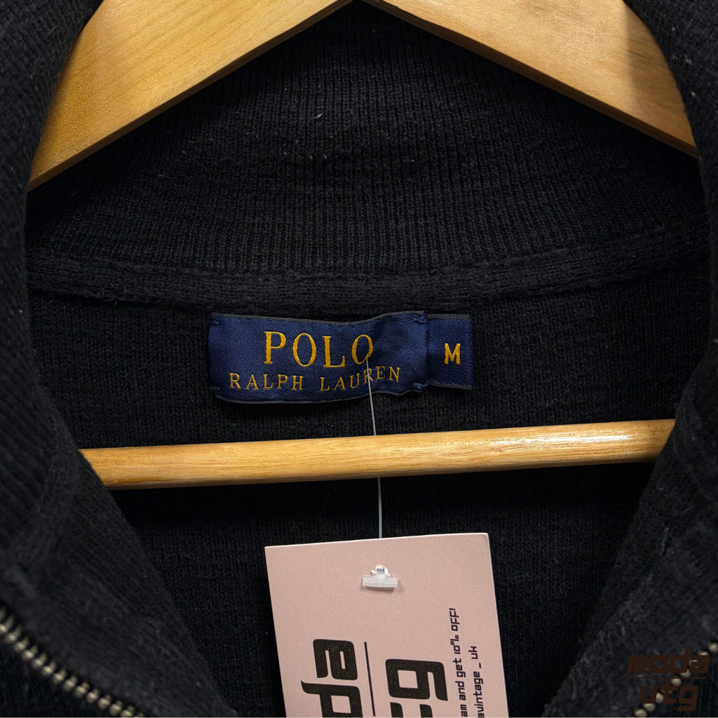 Vintage Y2K Ralph Lauren Knitted Sweatshirt Black Small Unisex Retro Quarter Zip