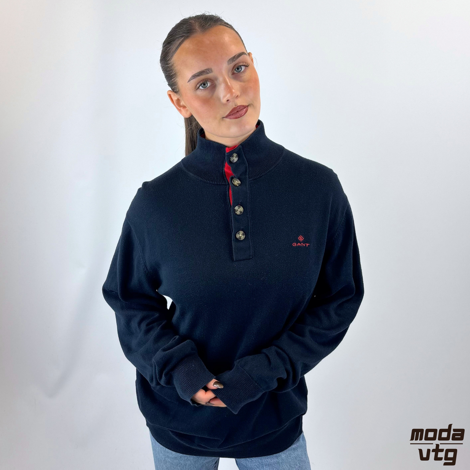 Vintage Y2K GANT Knitted Jumper Navy Large Buttoned High Neck