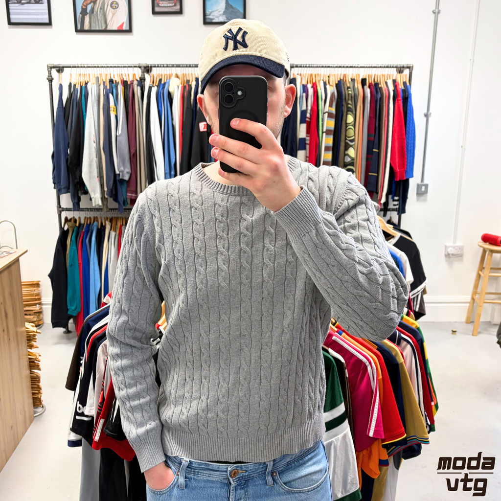 Vintage Y2K GANT Knitted Jumper Grey Large Unisex Cable Retro