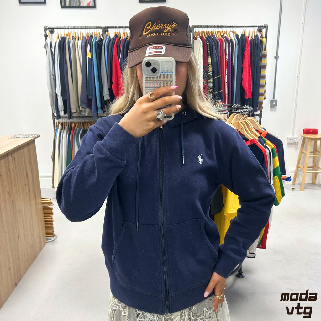 Vintage Y2K Ralph Lauren Hoodie Navy Small Retro Unisex Full Zip