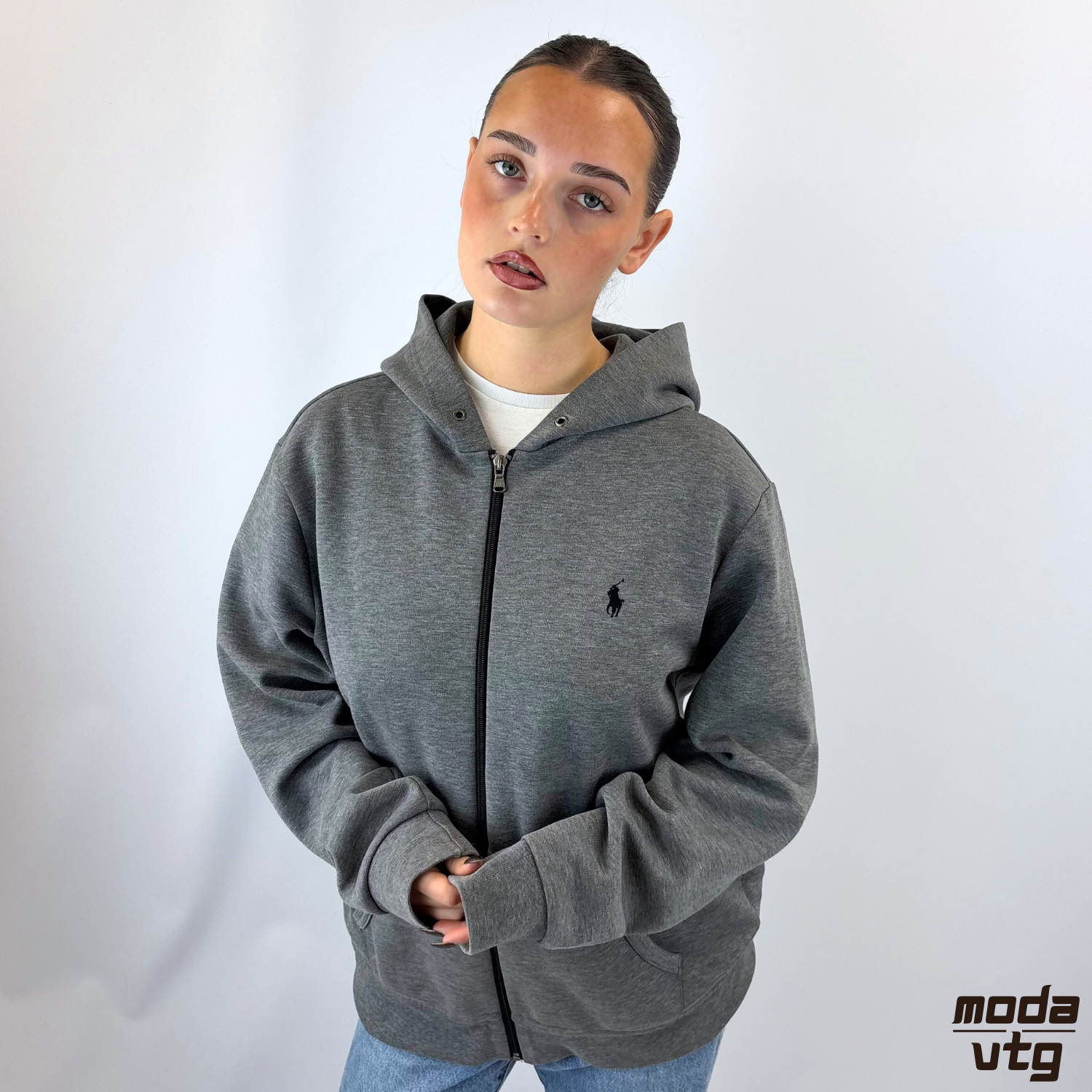 Vintage Y2K Ralph Lauren Hoodie Grey Medium Full Zip