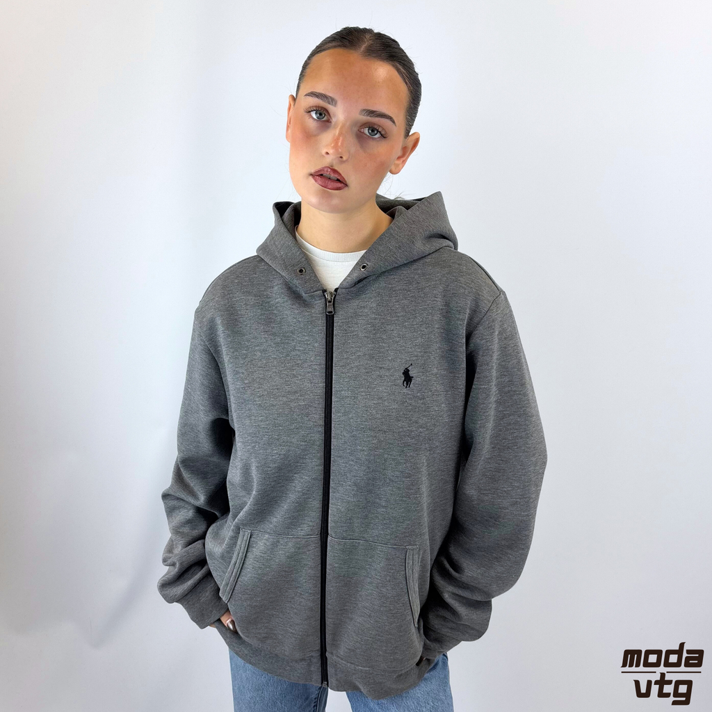 Vintage Y2K Ralph Lauren Hoodie Grey Medium Full Zip
