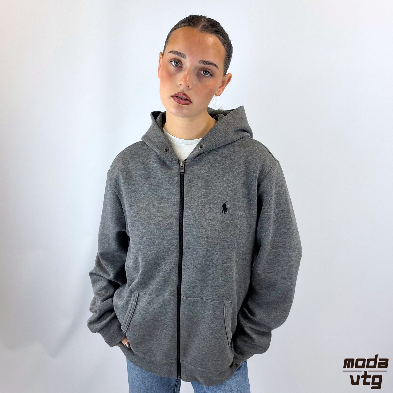 Vintage Y2K Ralph Lauren Hoodie Grey Medium Full Zip