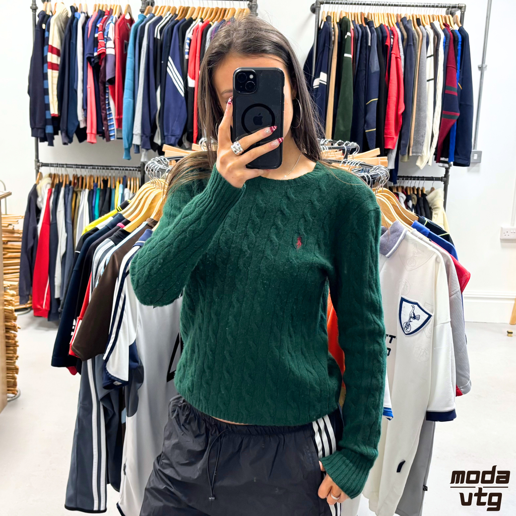 Vintage Y2K Ralph Lauren Knitted Jumper Green Small Retro Unisex Cable