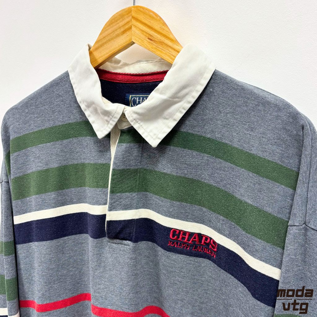 Vintage Y2K Chaps Ralph Lauren Rugby Polo Grey XL Striped Retro