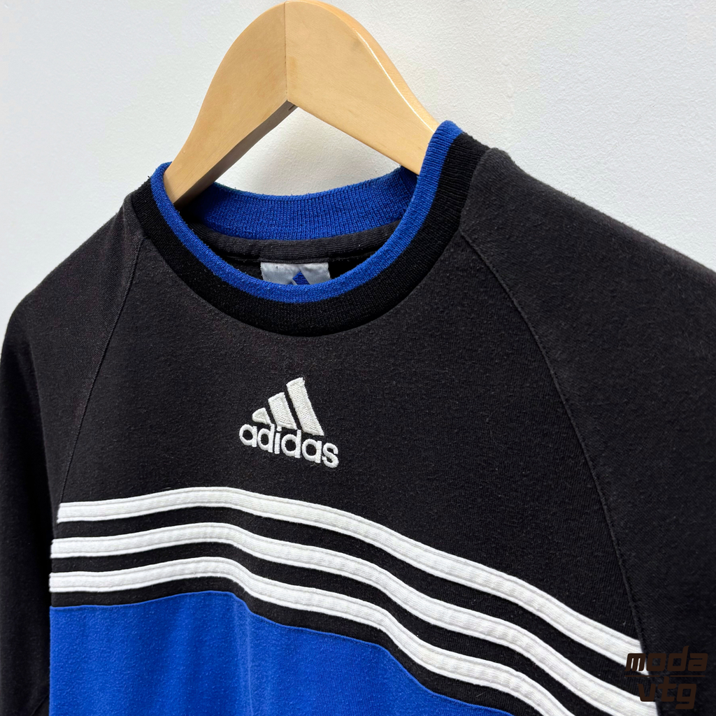 Vintage 90s Adidas T-Shirt Blue Black Medium Holiday Summer
