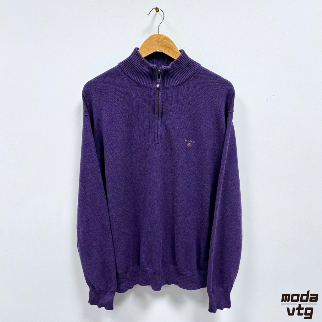 Vintage Y2K GANT Knitted Jumper Purple XL Quarter Zip
