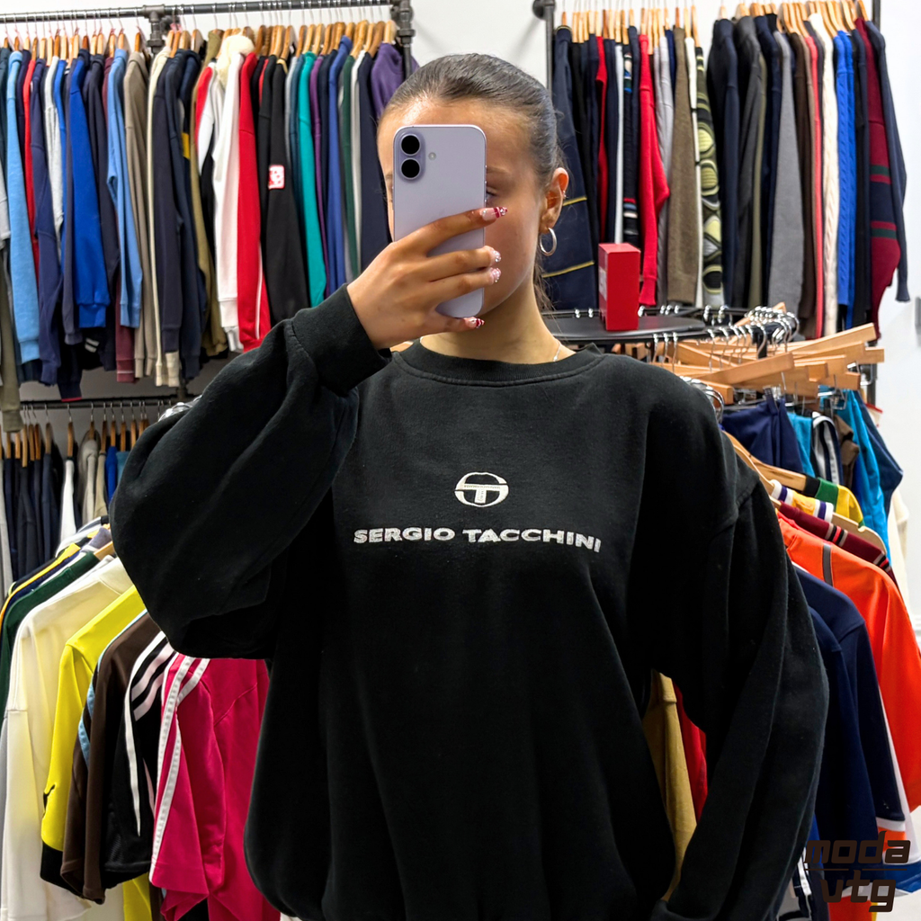 Vintage Y2K Sergio Tacchini Sweatshirt Black Medium Boxy Unisex Retro