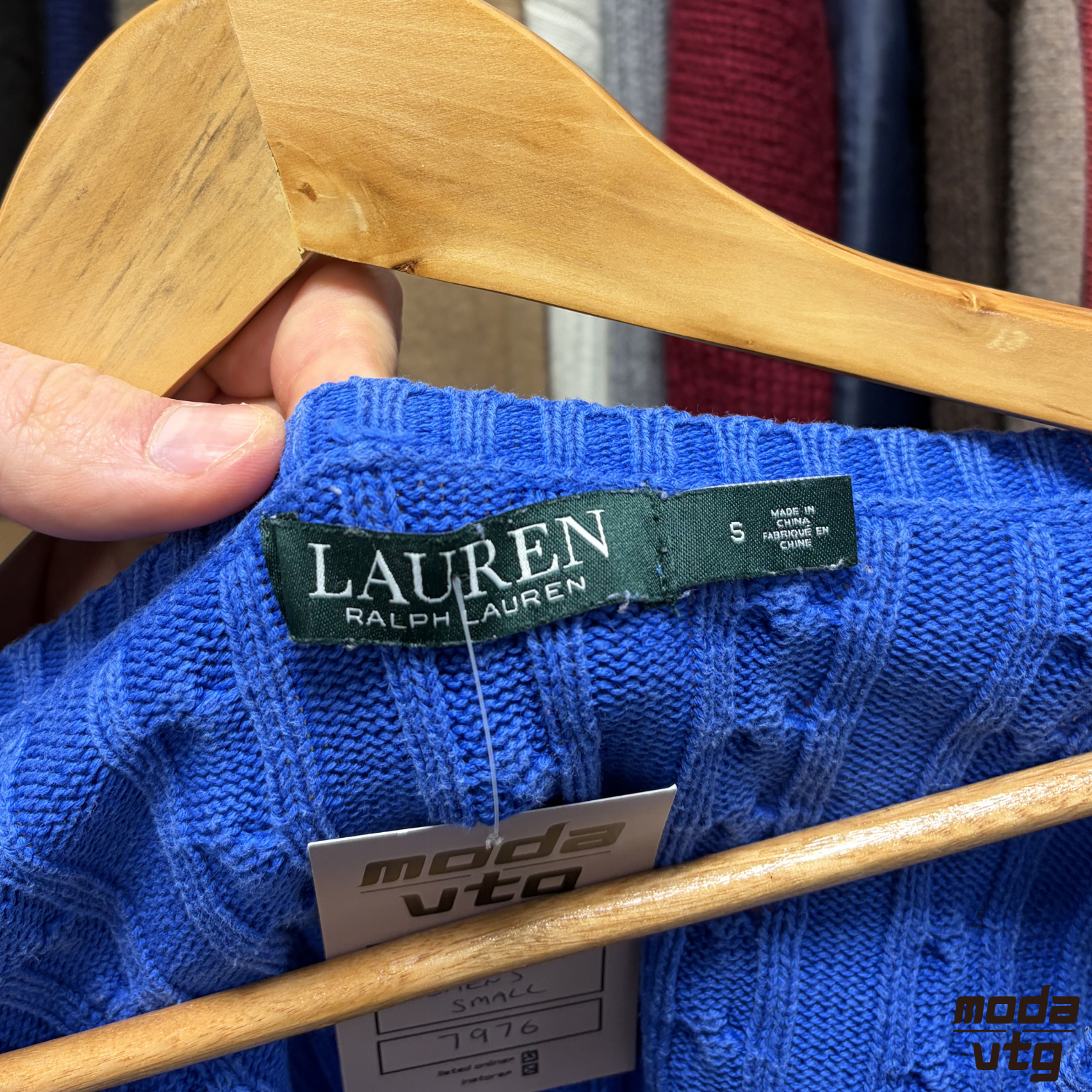 Vintage Y2K Ralph Lauren Knitted Jumper Blue Women’s Small Cable V-Neck
