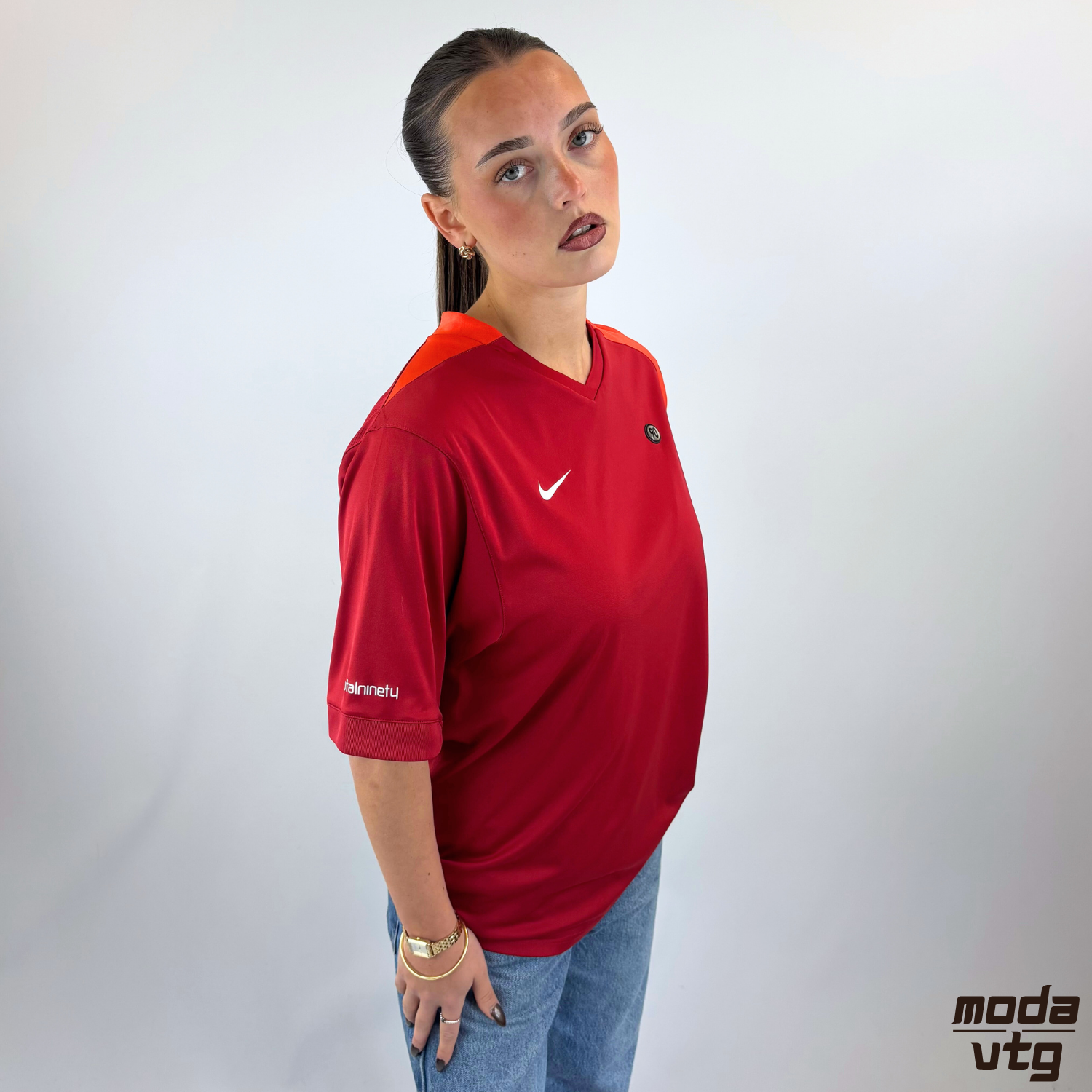 Vintage Y2K Nike T90 Sportswear T-Shirt Red Small Total 90 Gym Football