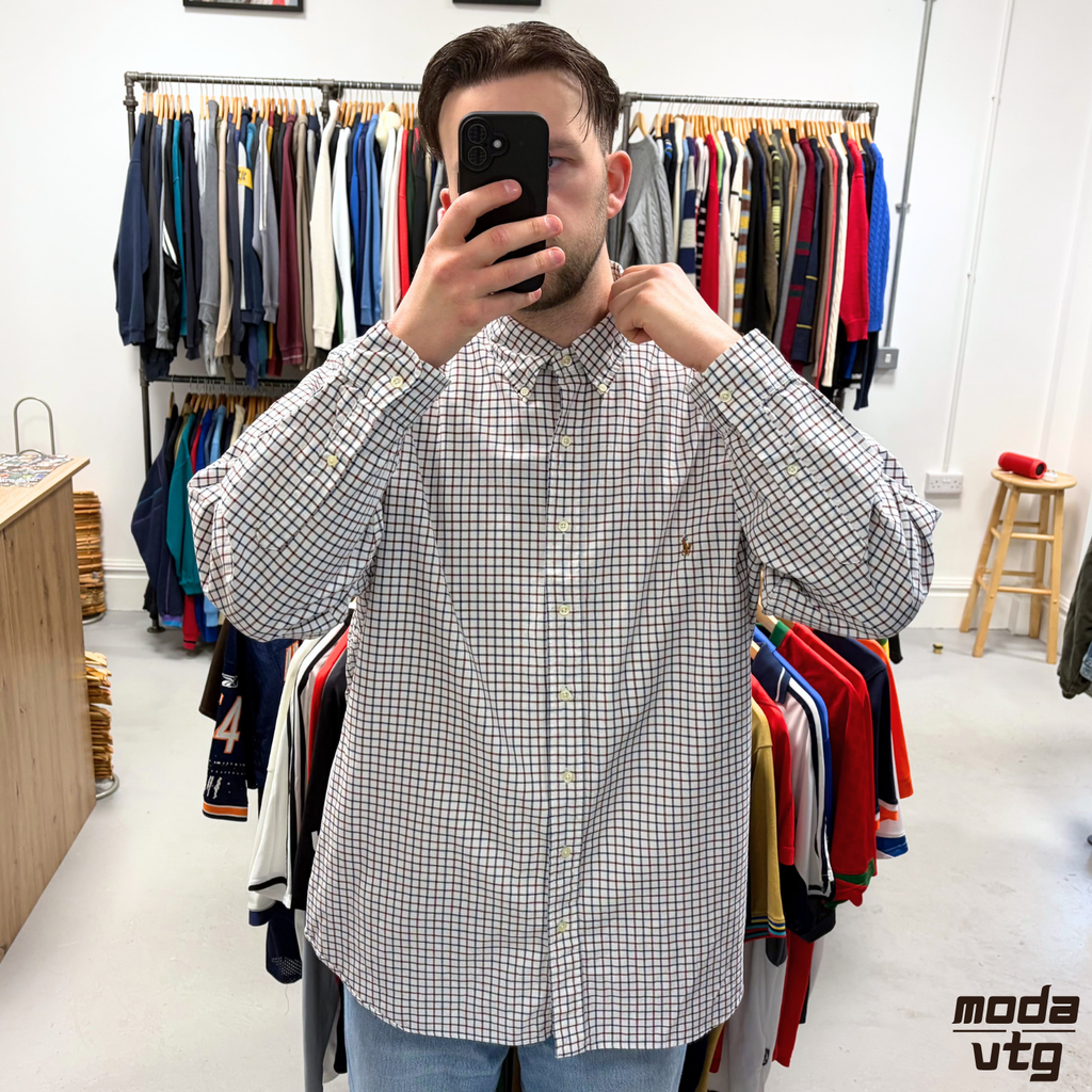 Vintage Y2K Ralph Lauren Shirt White XXL Retro Cotton Gingham