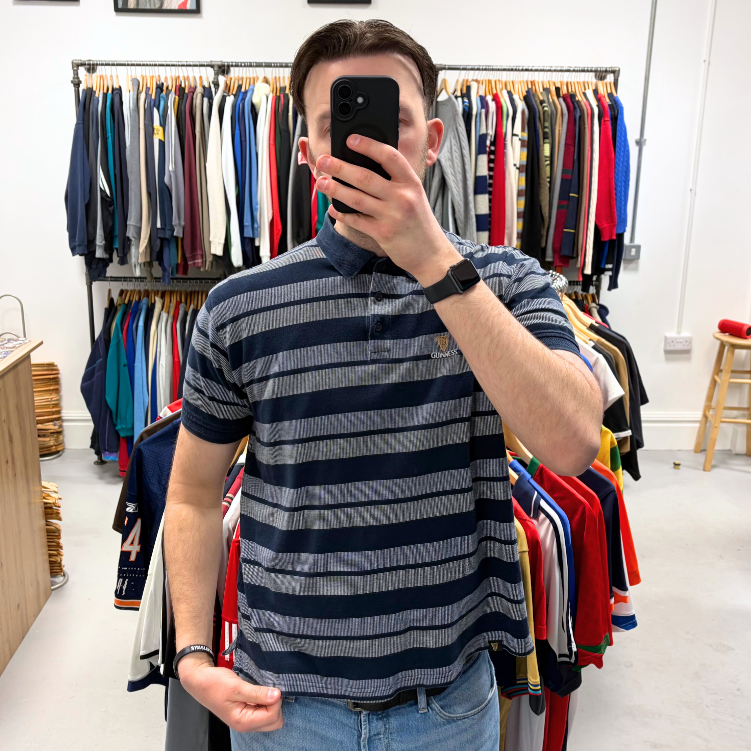 Vintage Y2K Guinness Polo Navy Large Retro Striped Unisex