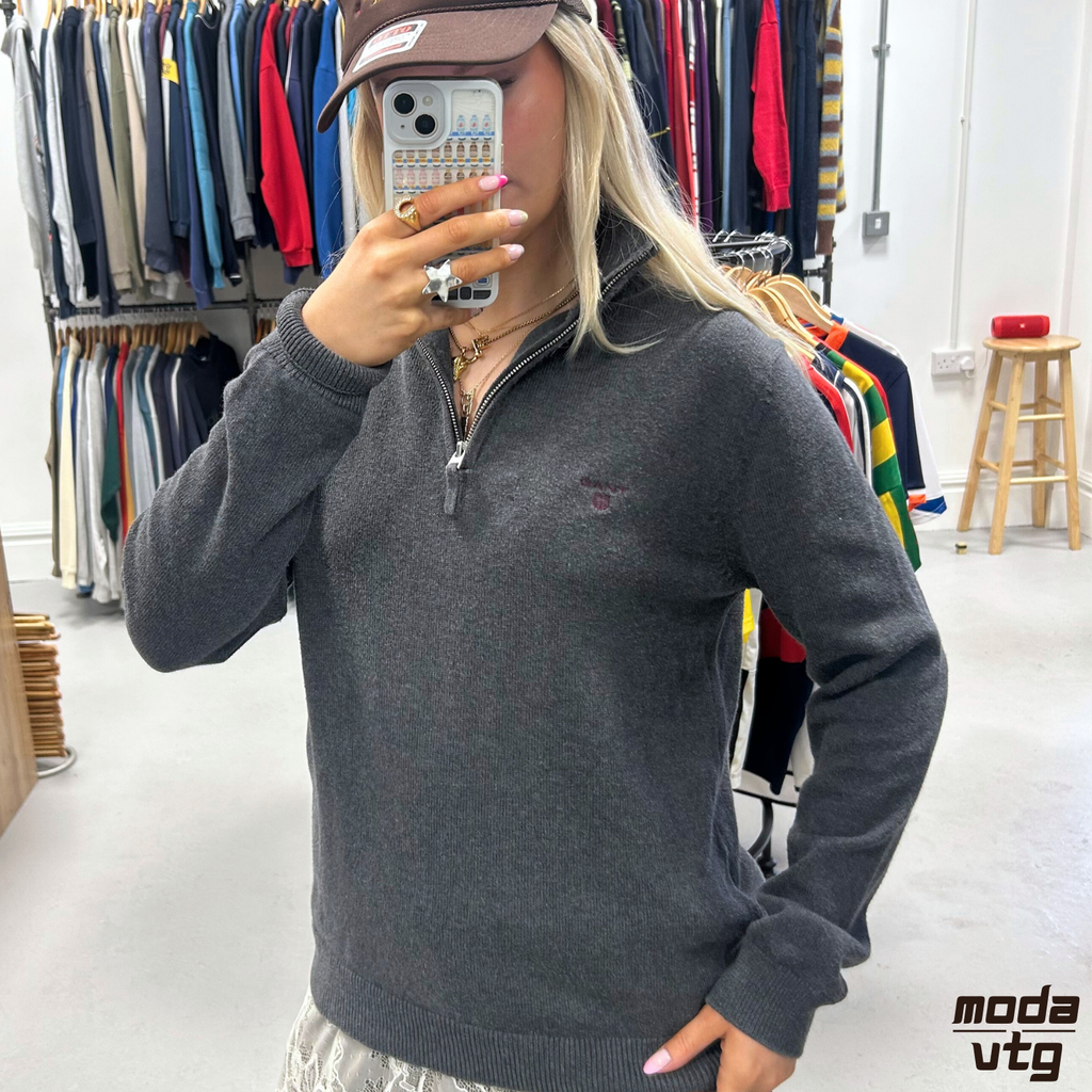 Vintage Y2K GANT Knitted Jumper Grey Medium Quarter Zip Retro Unisex