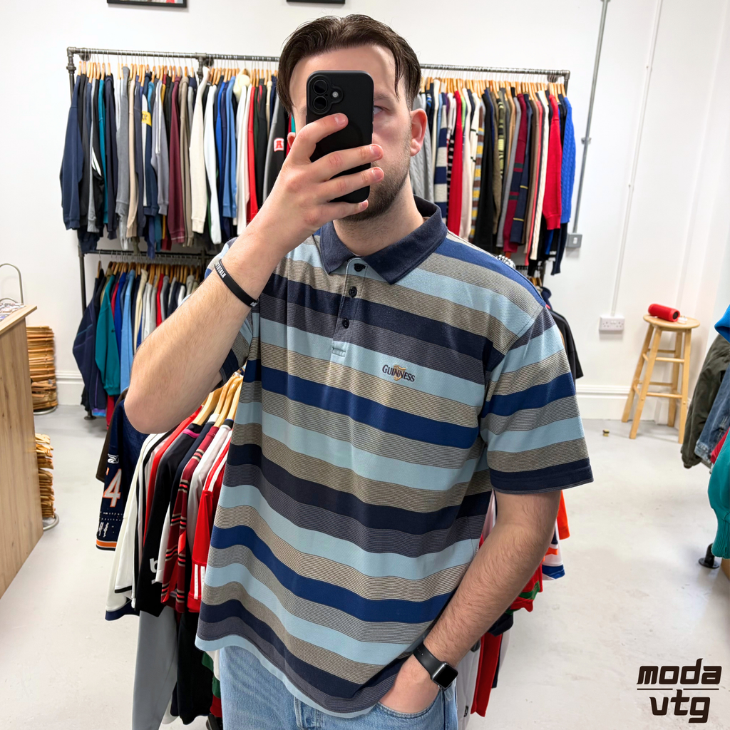 Vintage Y2K Guinness Polo Blue XL Retro Striped Unisex