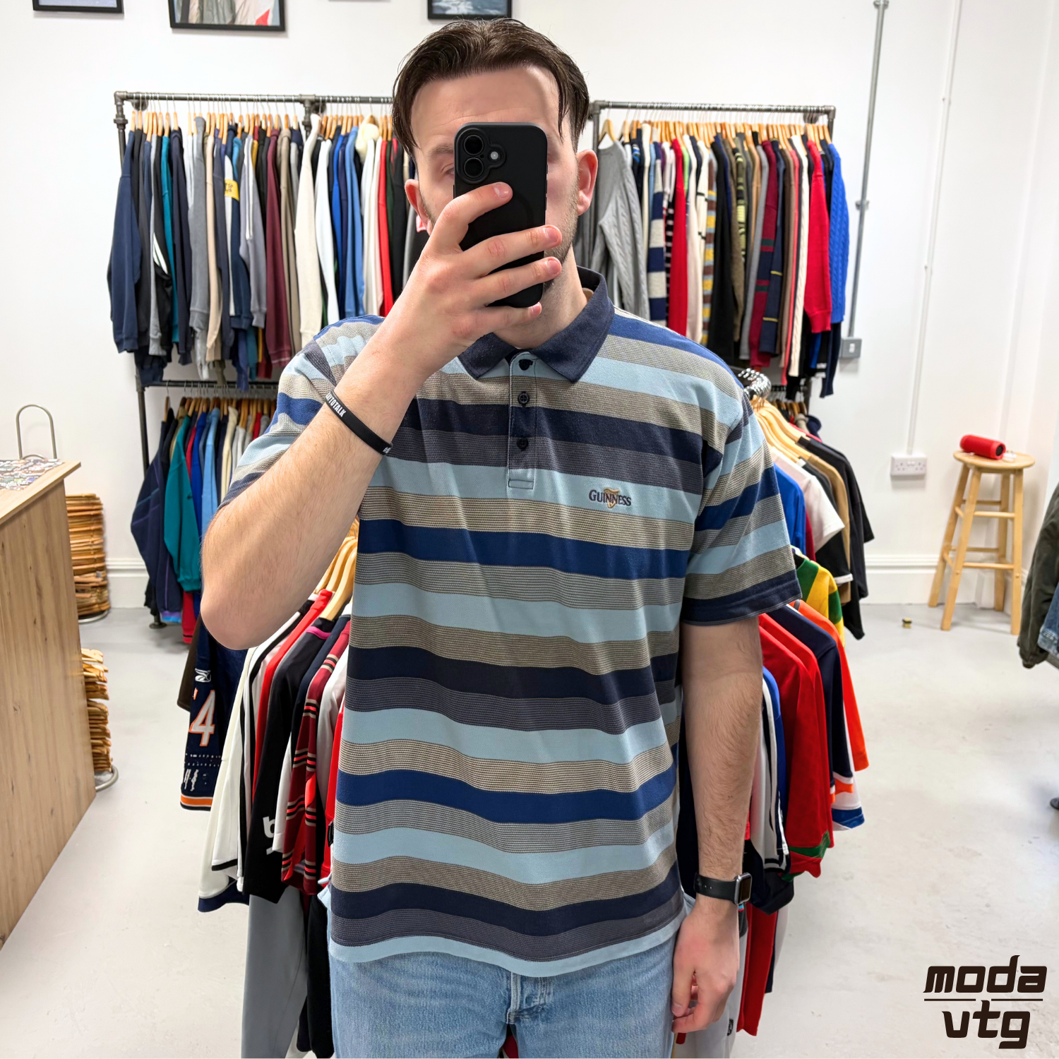Vintage Y2K Guinness Polo Blue XL Retro Striped Unisex