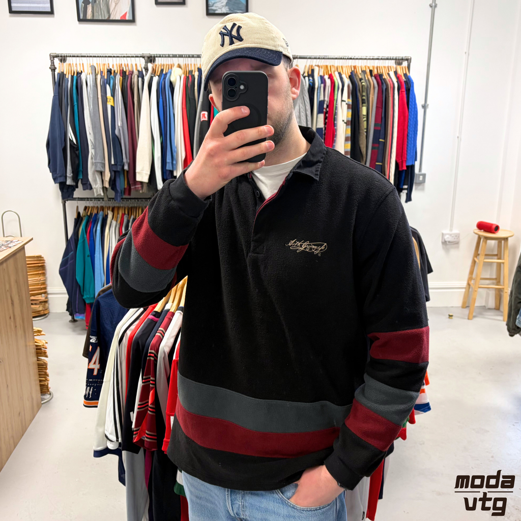 Vintage Y2K Guinness Rugby Polo Fleece Black XL Striped Unisex Retro