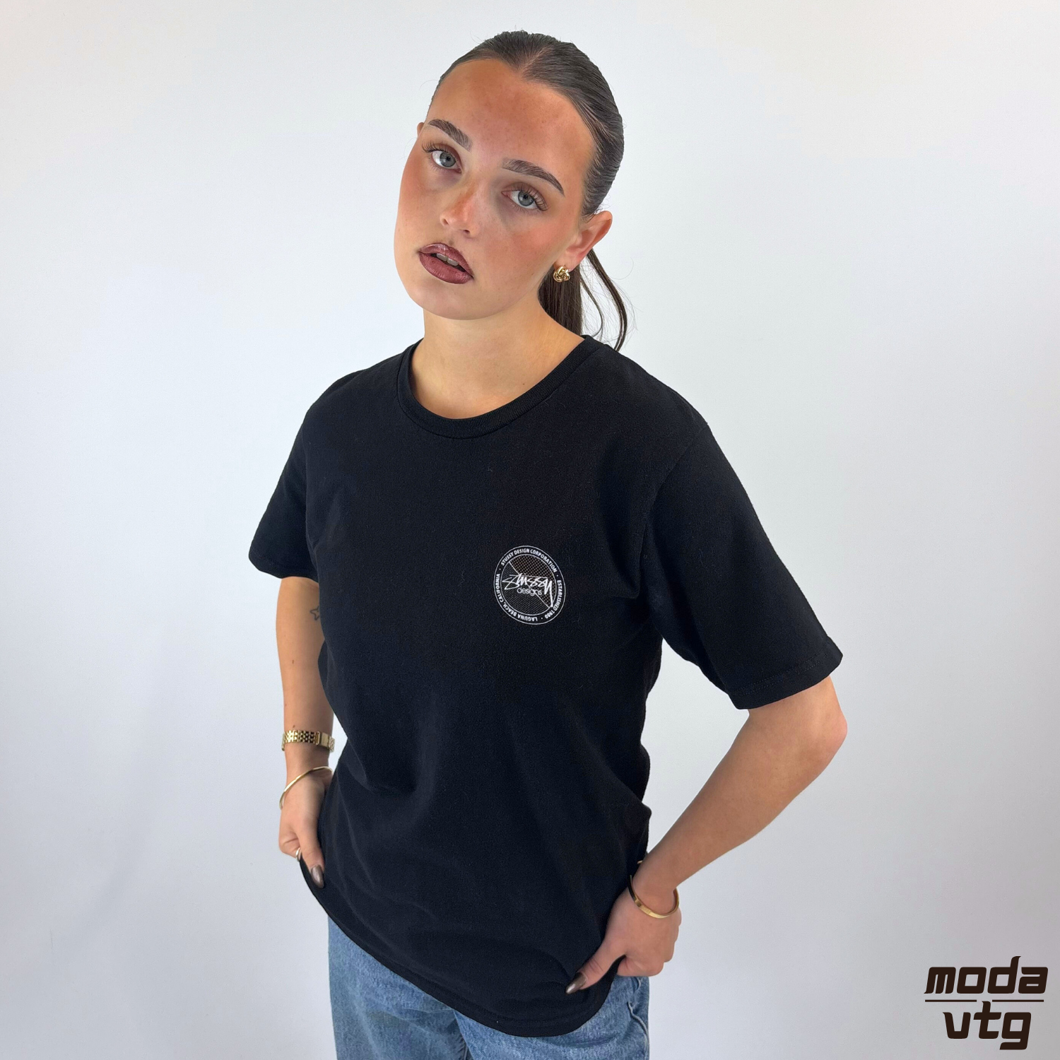 Vintage Y2K Stussy T-Shirt Black Small Graphic