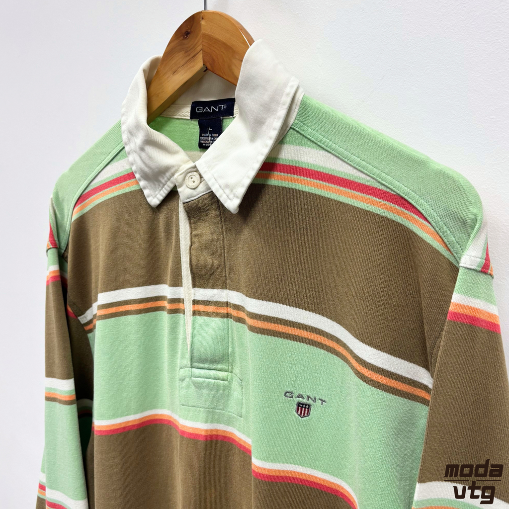 Vintage Y2K GANT Rugby Polo Brown Green Large Striped Retro